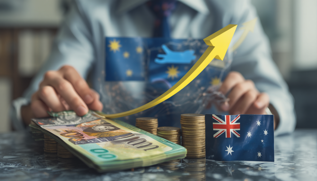 Professional corporate visual representing Australian government minimum wage increase, Australian currency notes and coins, upward trending arrow or graph, business and employment theme, clean modern compo