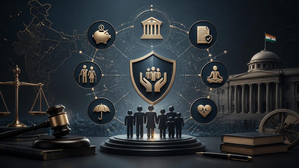 Professional corporate visual representing India's Social Security Framework 2026 and Code on Social Security 2020, showing compliance architecture, regulatory framework, provident fund, pension, and employ