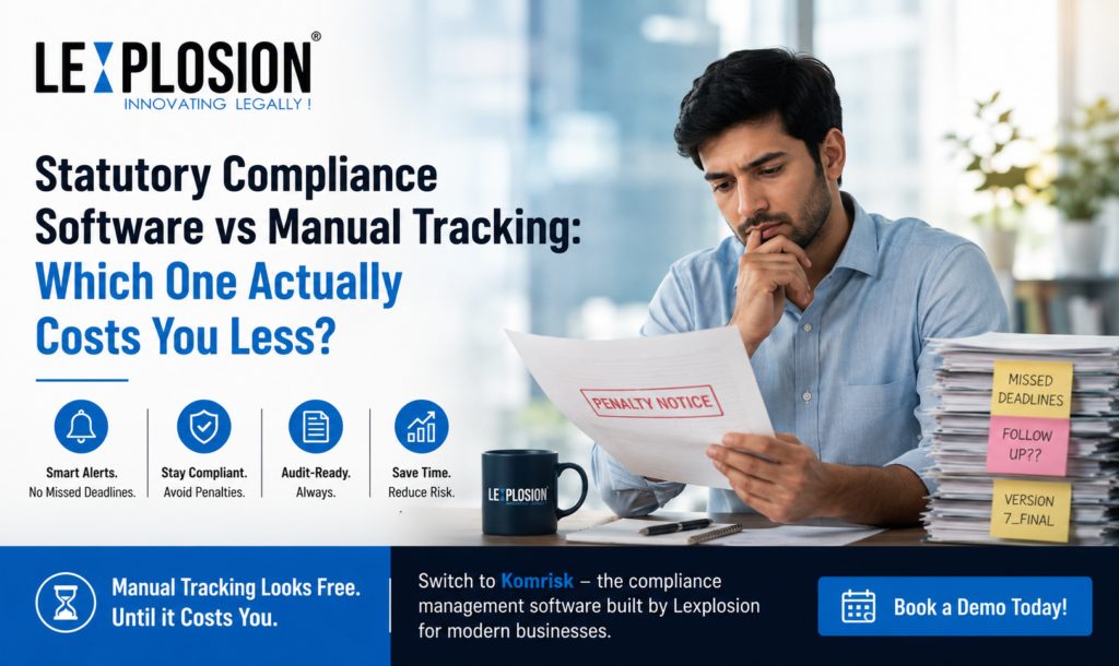 Professional comparing statutory compliance software with manual compliance tracking using Lexplosion Komrisk