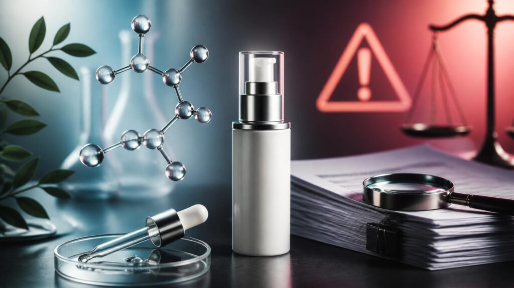 Editorial blog post hero image about a trusted cosmetic ingredient becoming a compliance risk_ a clean, premium cosmetic scene with a skincare bottle, ingredient molecules or lab analysis elements, subtle w