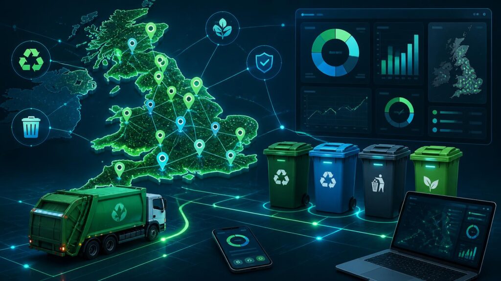 Digital waste tracking system visualization for England regulations, modern digital interface showing waste management tracking, connected network of waste collection points, digital monitoring dashboard el
